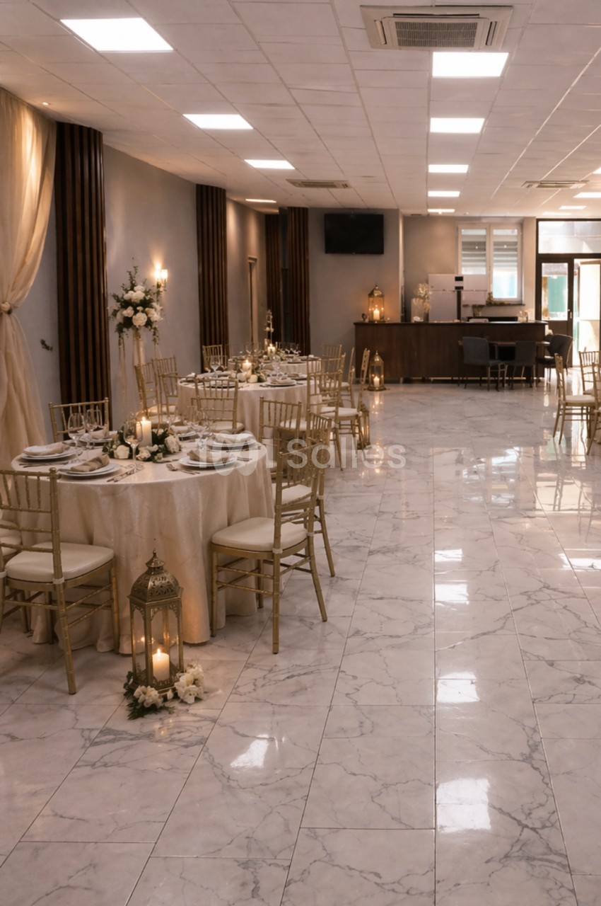 Salle de réception élégante avec tables décorées, chaises dorées et lanternes au sol sur un sol en marbre clair.