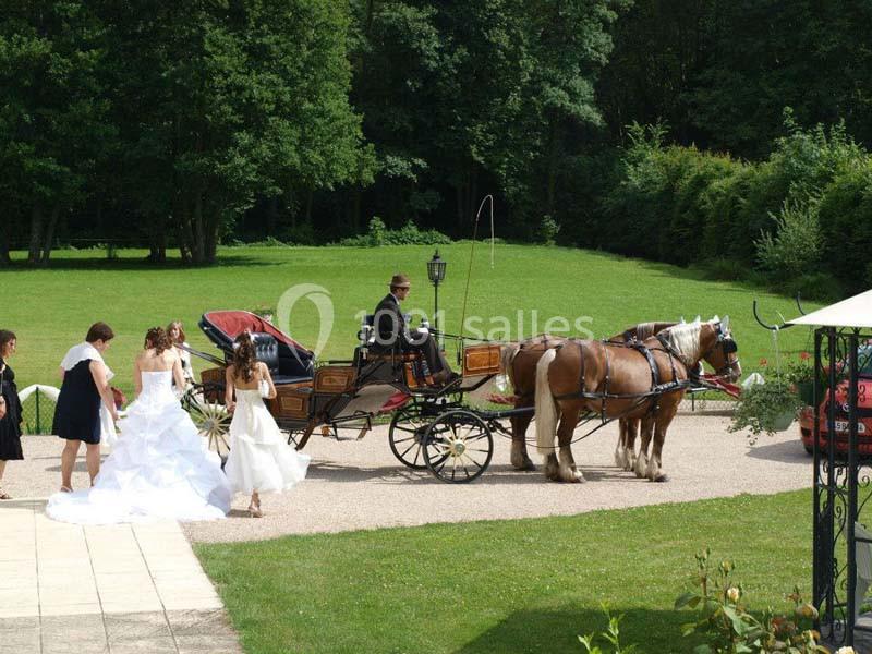 Mariée et invités se dirigeant vers une calèche tirée par deux chevaux dans un cadre verdoyant.