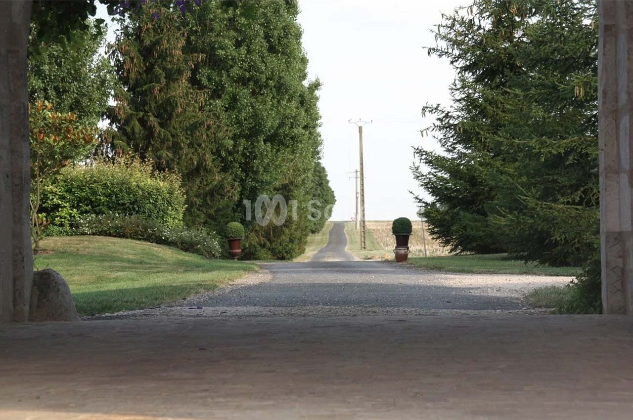Allée bordée d'arbres et de pelouses, vue depuis un porche, menant à une route de campagne sous un ciel dégagé.