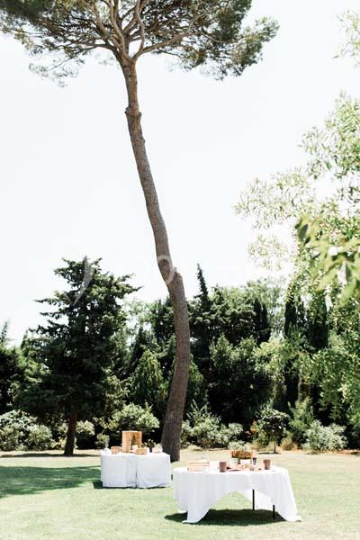 Deux tables dressées avec nappes blanches dans un jardin verdoyant, près d'un grand pin élancé.