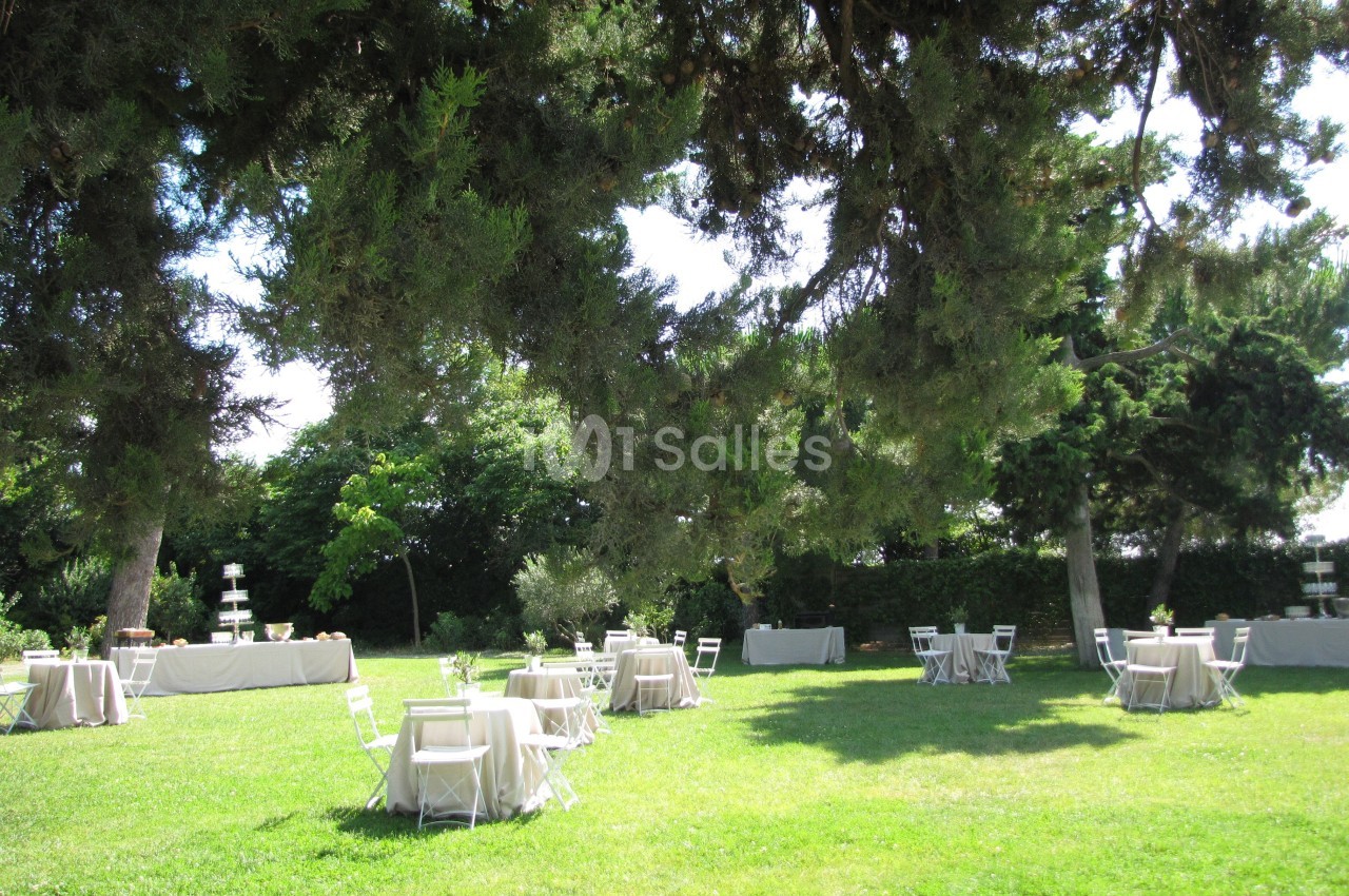 Tables et chaises blanches disposées sur une pelouse sous de grands arbres, dans un cadre extérieur ensoleillé.