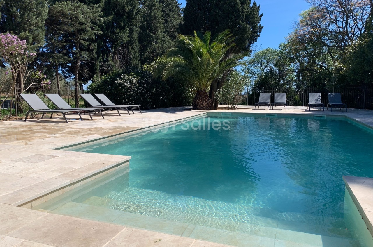 Piscine extérieure entourée de chaises longues, arbres et végétation sous un ciel bleu clair.