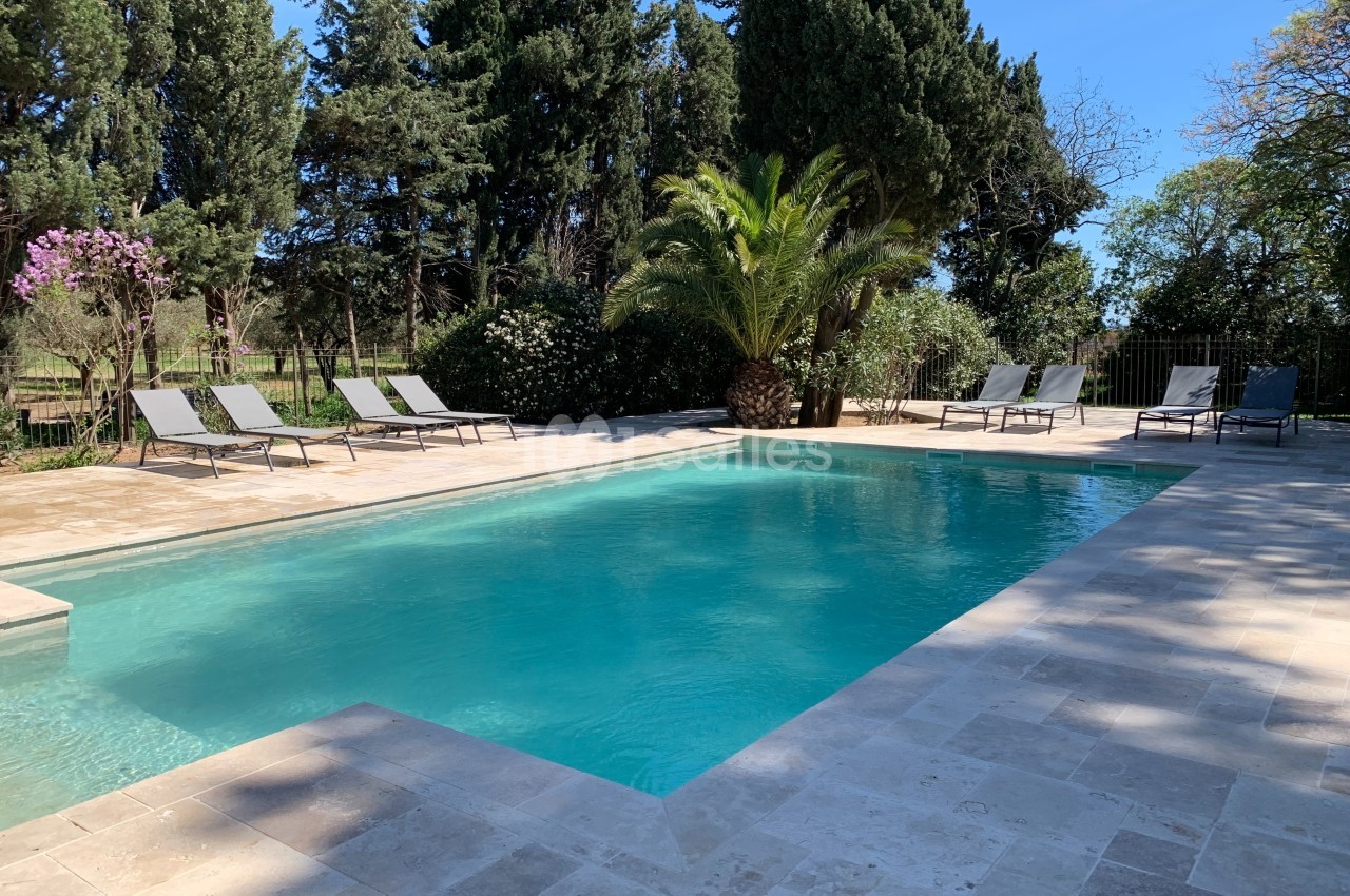 Piscine extérieure entourée de chaises longues, de végétation luxuriante et de grands arbres sous un ciel bleu.