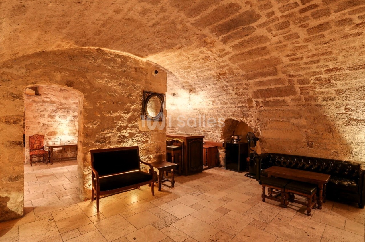Salle voûtée en pierre avec mobilier en bois sombre et canapés en cuir, éclairée par une lumière chaleureuse.