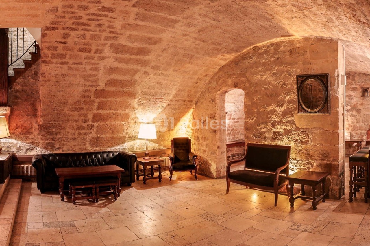 Salon voûté en pierre avec mobilier en cuir, éclairé par des lampes et une lumière chaleureuse.
