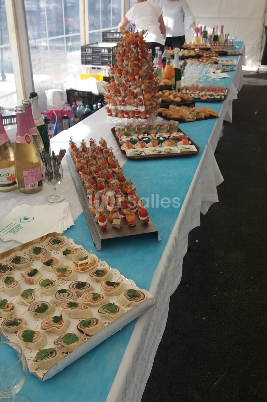 Buffet dressé avec des amuse-bouches variés, boissons et décorations sur une longue table dans une tente blanche.