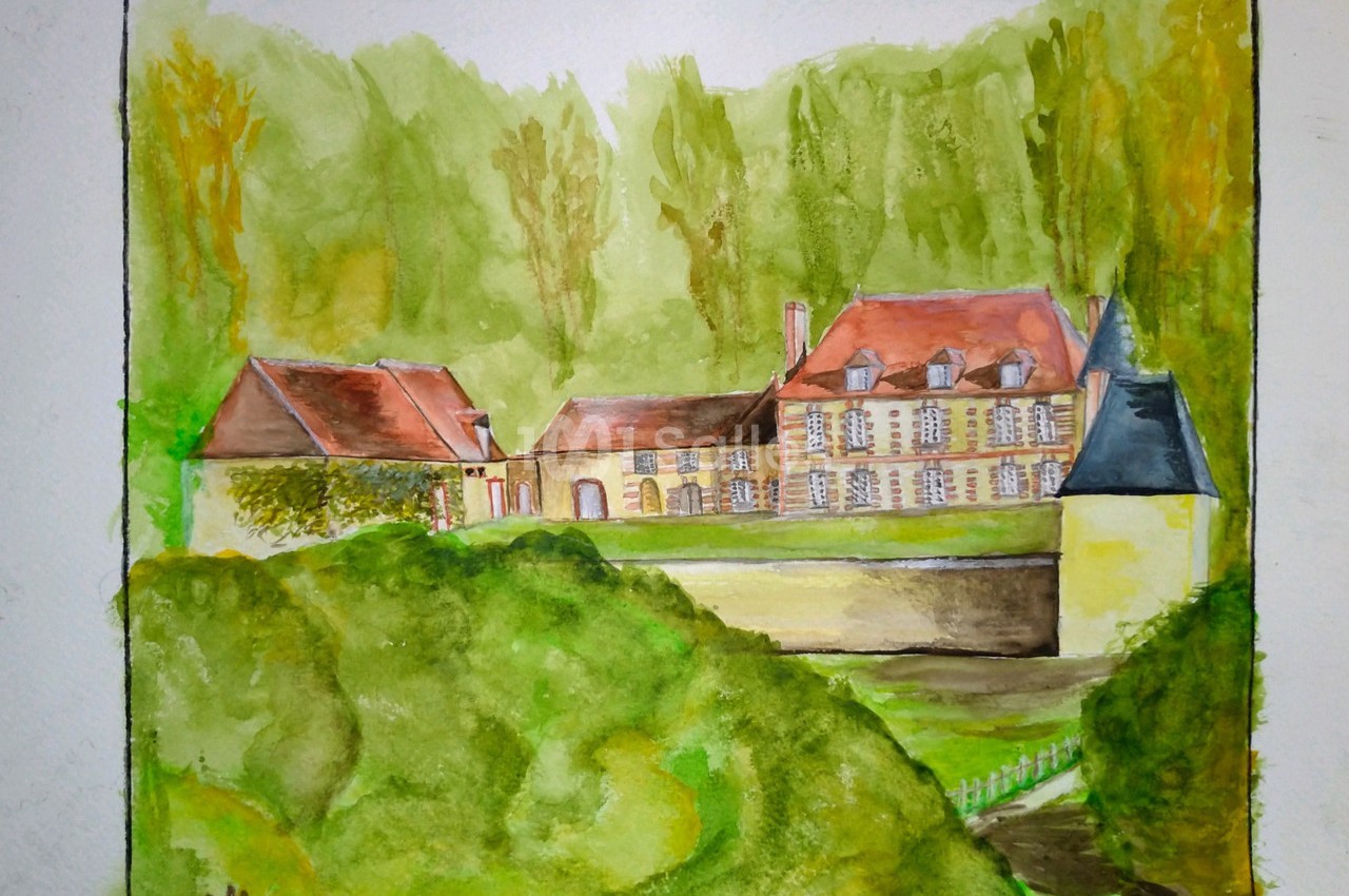 Peinture représentant un domaine rural avec bâtiments en pierre, toits rouges et végétation environnante.