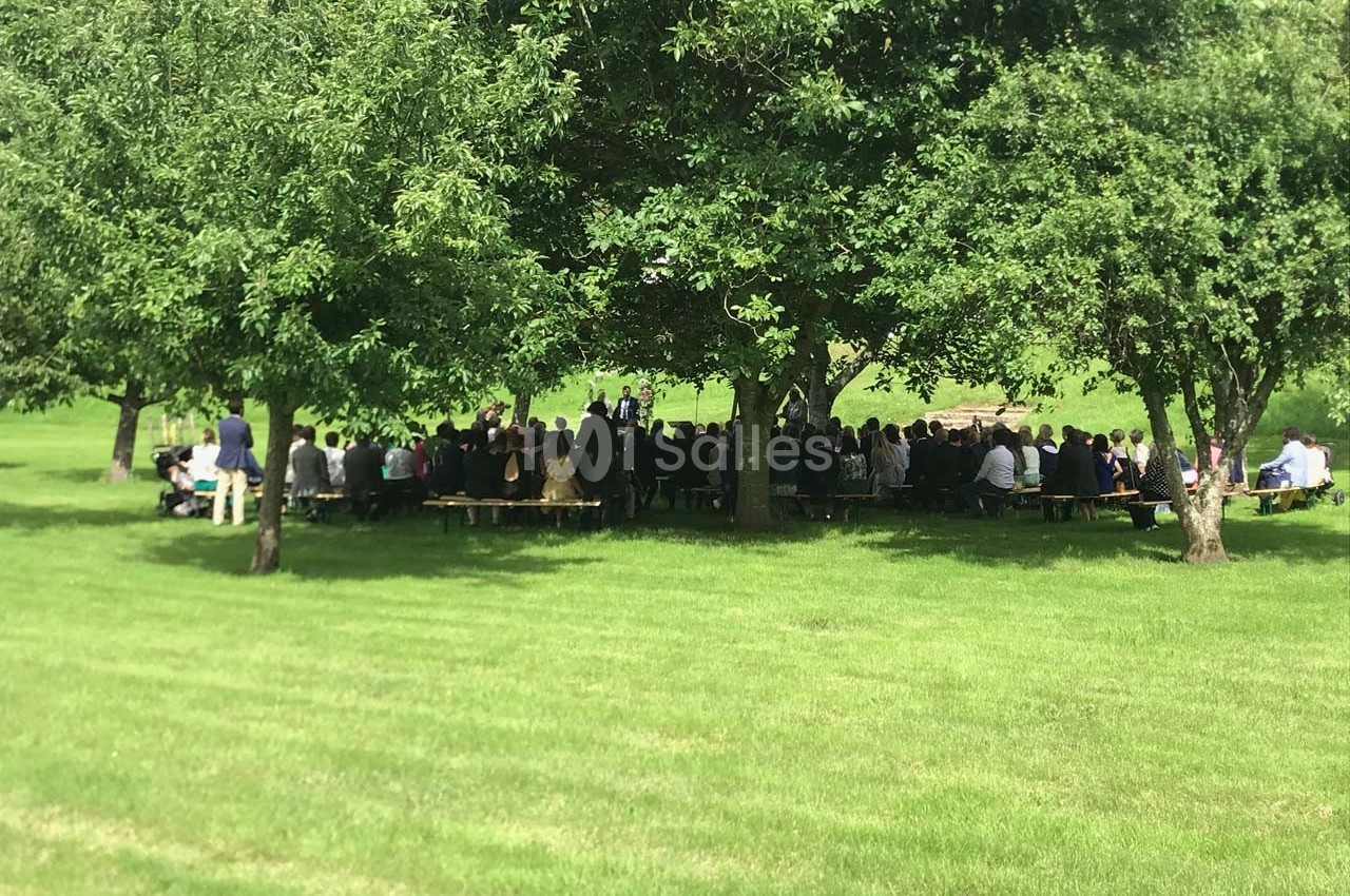 Groupe de personnes assises sous des arbres dans un parc, participant à un rassemblement en plein air.