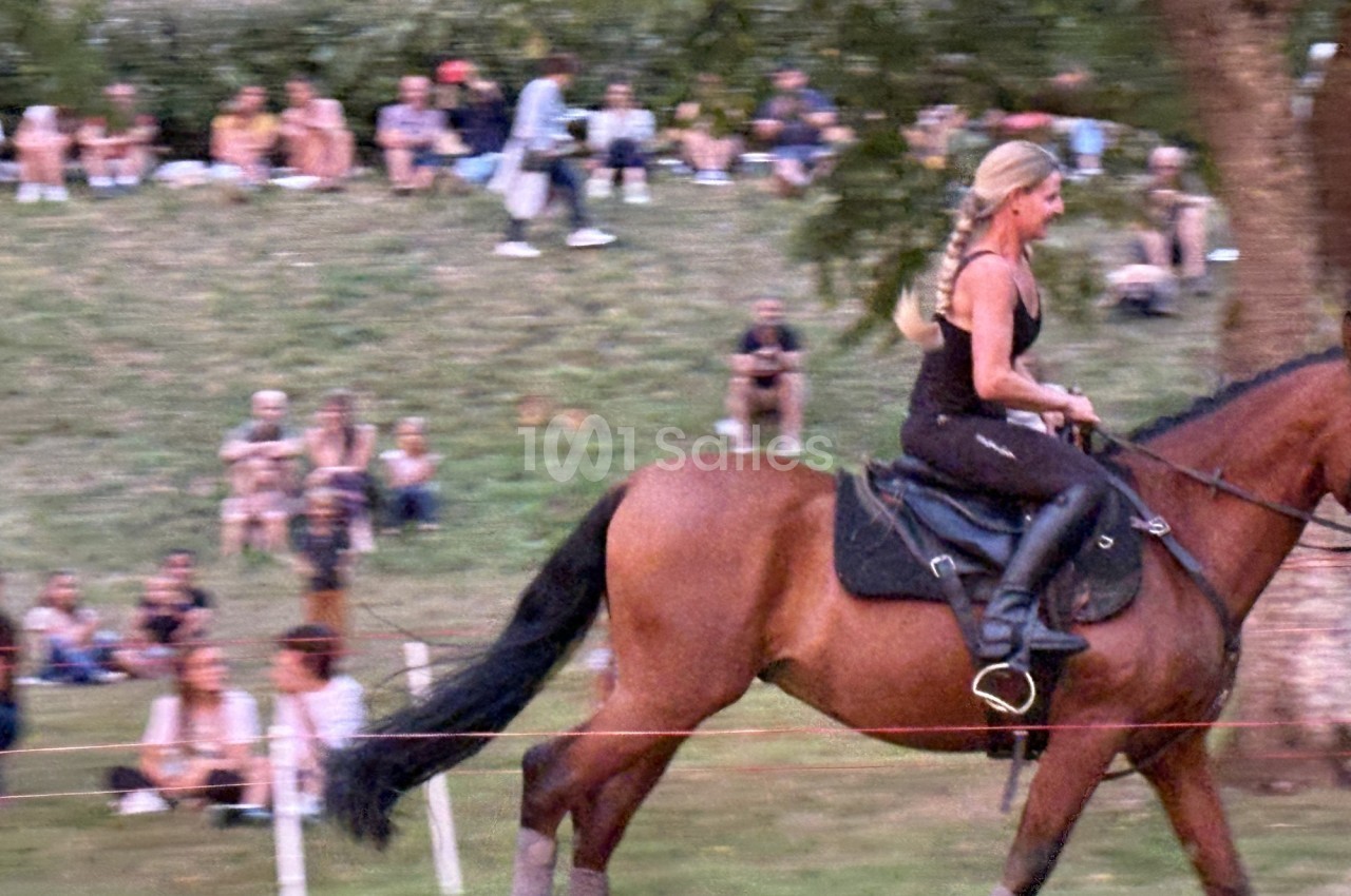 Une cavalière en tenue noire monte un cheval brun au trot, avec des spectateurs assis sur une pelouse en arrière-plan.