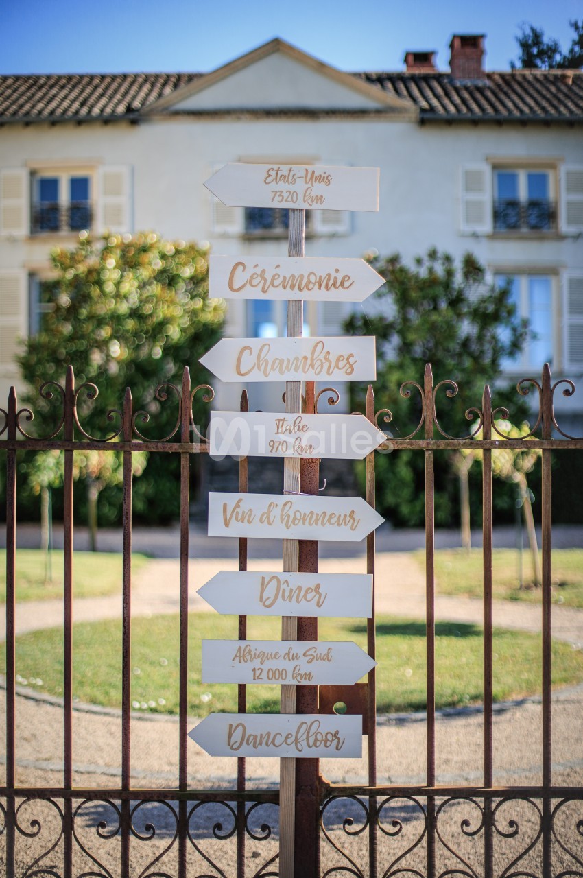 Panneau directionnel en bois indiquant des lieux et distances, devant une maison avec jardin et clôture en fer forgé.