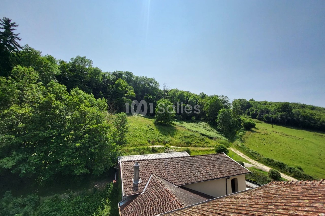 Vue depuis un toit montrant une maison, un jardin verdoyant et une colline boisée sous un ciel dégagé.