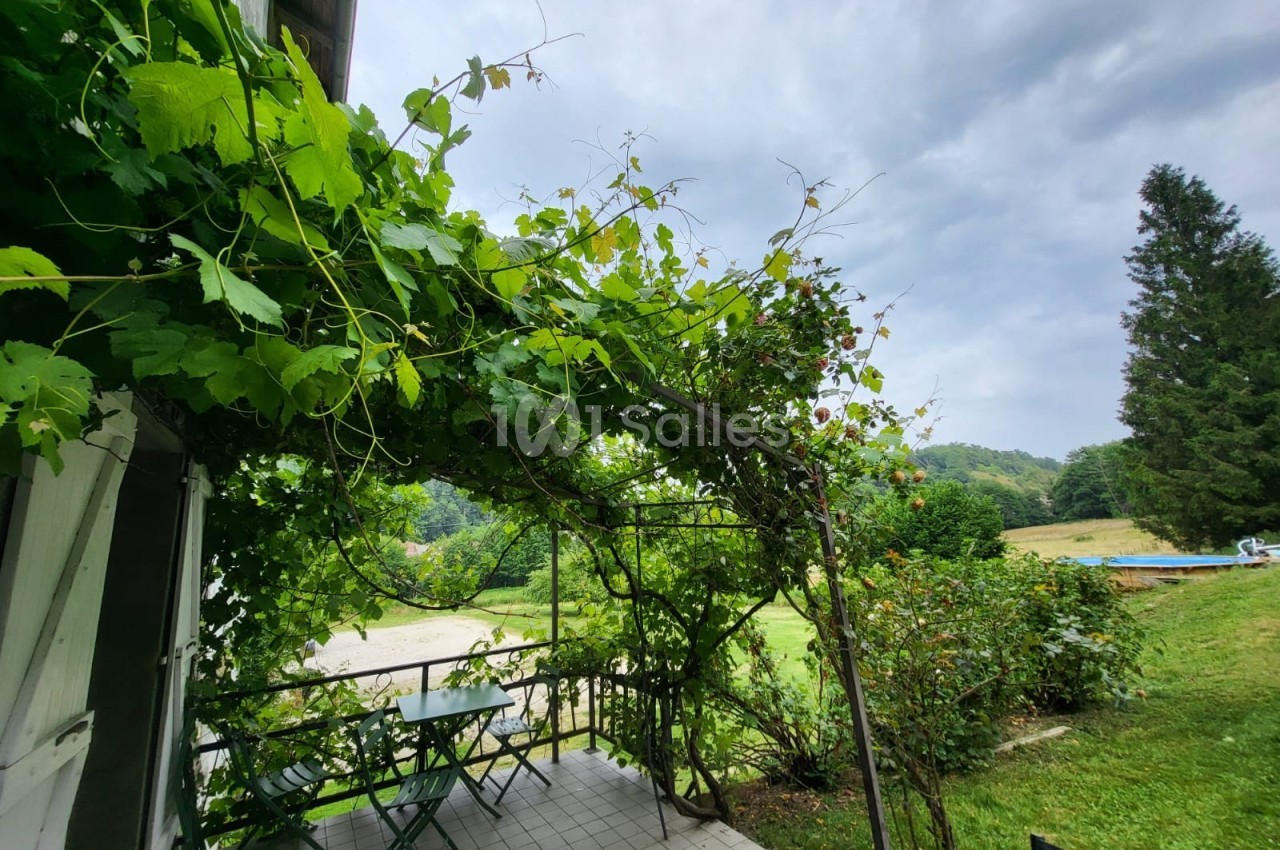 Terrasse avec table et chaises sous une pergola couverte de vignes, donnant sur un jardin verdoyant et un paysage rural.