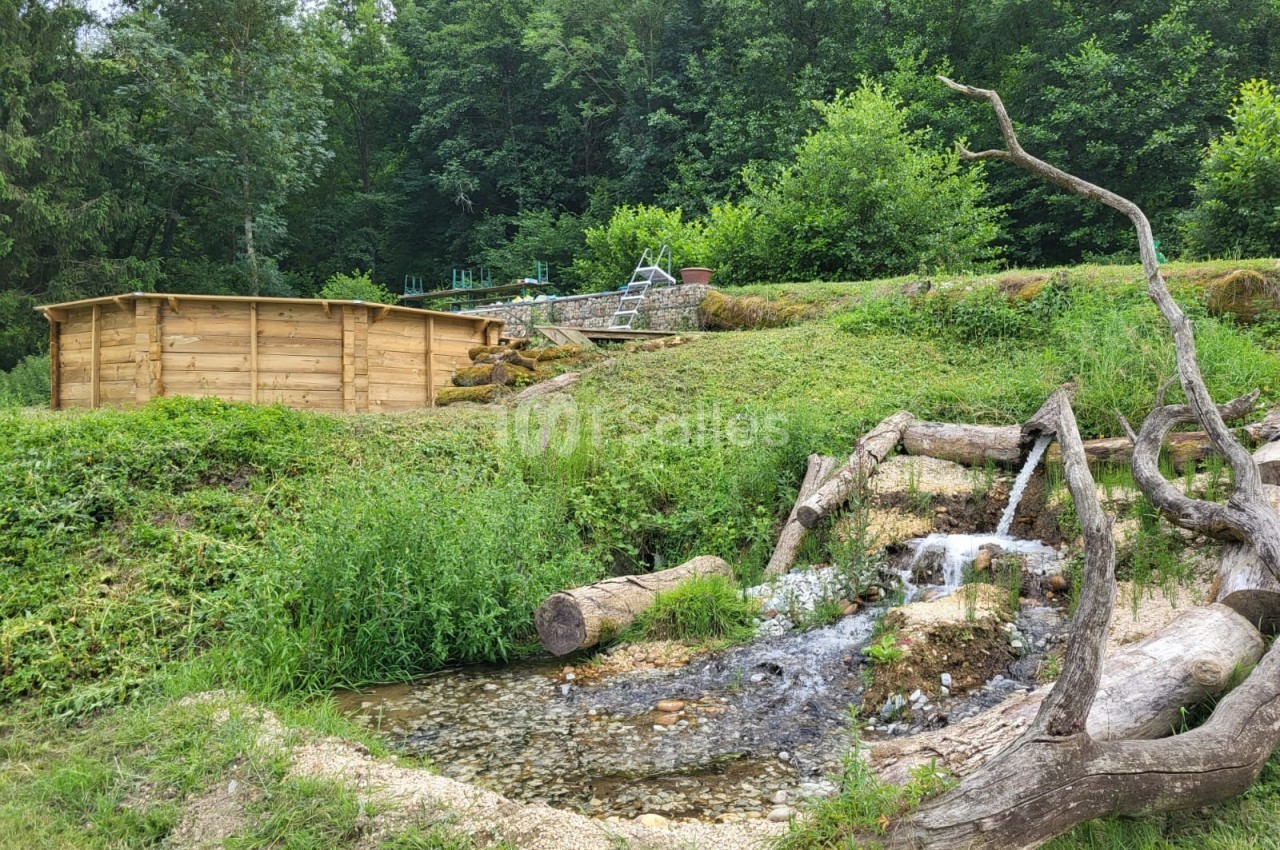 Petit ruisseau traversant un espace verdoyant avec des troncs d'arbres et une structure en bois en arrière-plan.
