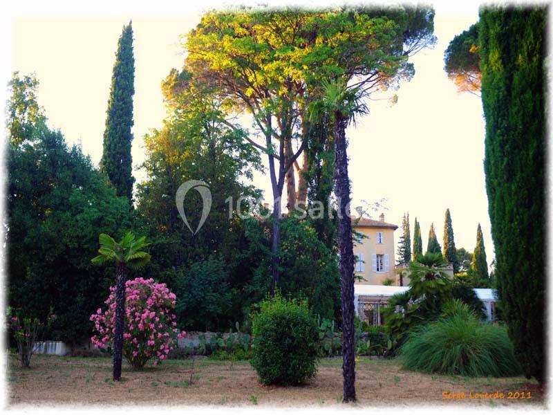 Jardin méditerranéen avec palmiers, cyprès, arbustes fleuris et une maison jaune en arrière-plan au coucher du soleil.