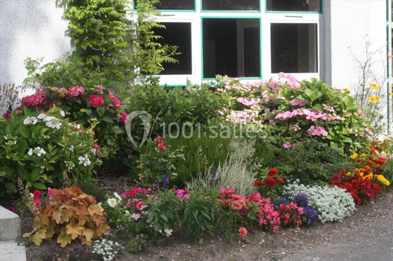Massif fleuri coloré devant une façade avec fenêtres, composé de diverses plantes et fleurs variées.