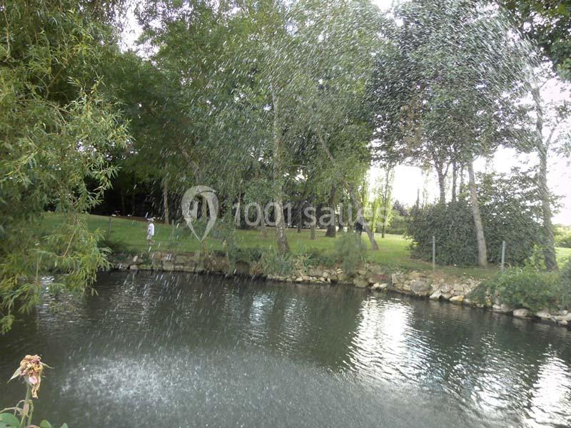 Un jet d'eau arrose un étang bordé d'arbres et de verdure dans un parc calme.
