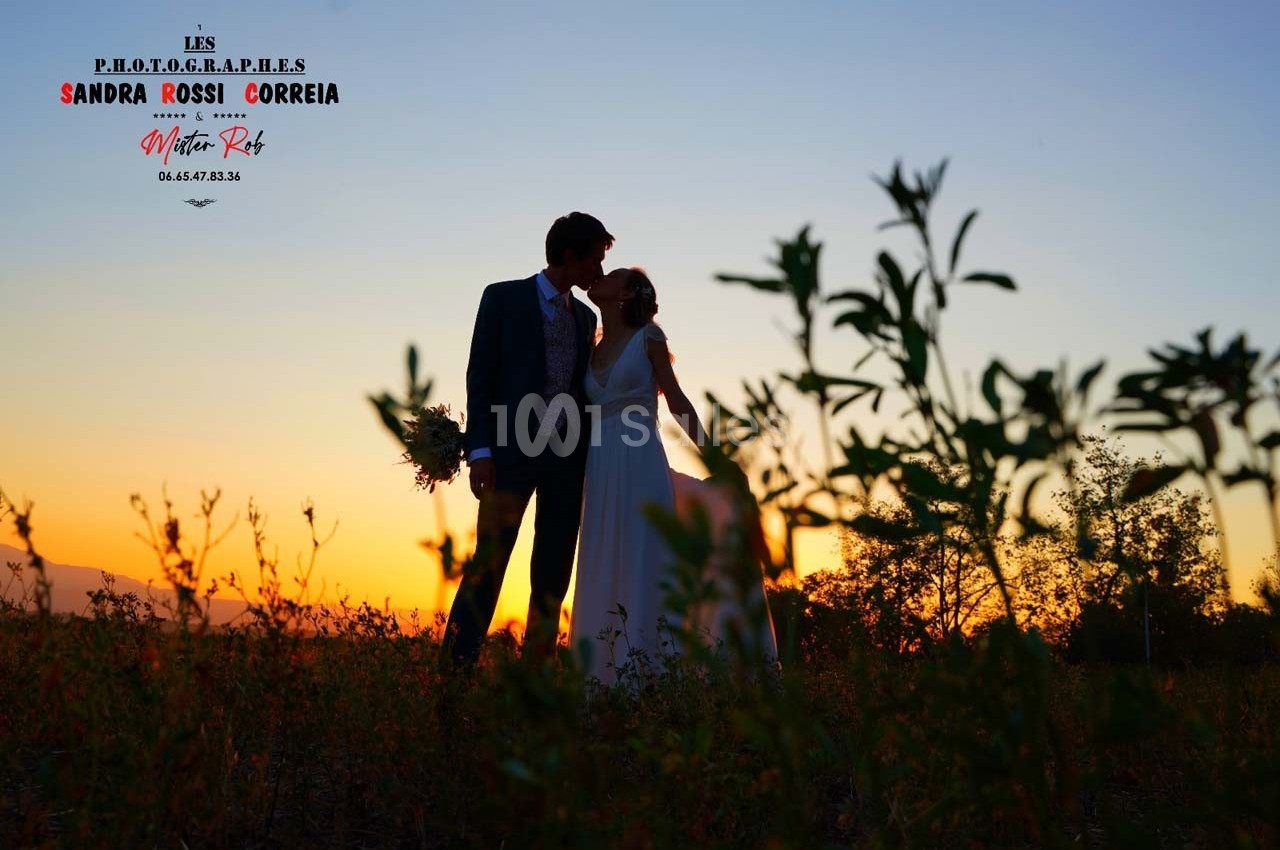 Un couple en tenue de mariage s'embrasse au coucher du soleil dans un champ, entouré de végétation.