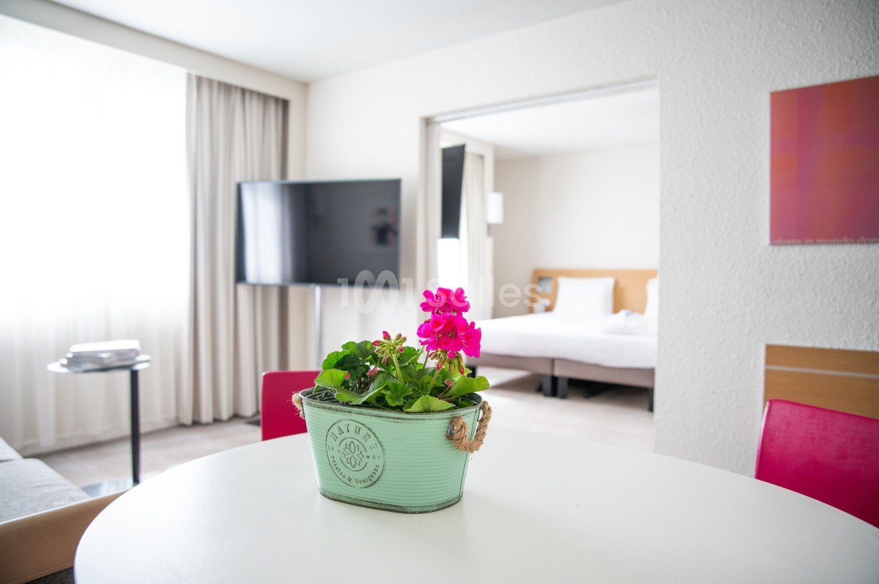 Plante en pot avec des fleurs roses sur une table blanche dans une pièce lumineuse avec un lit et une télévision en arrière…