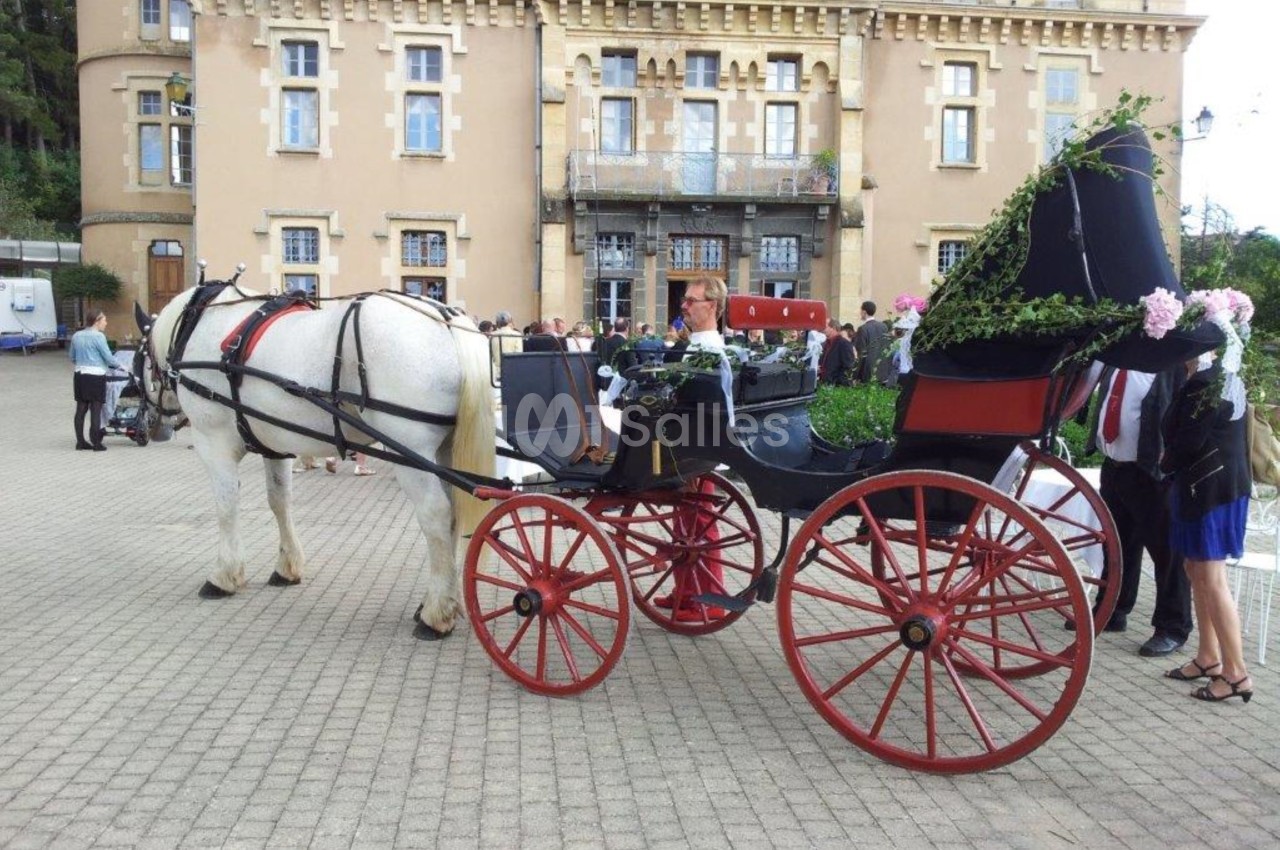 Calèche noire et rouge tirée par un cheval blanc, stationnée devant un bâtiment ancien en pierre beige.