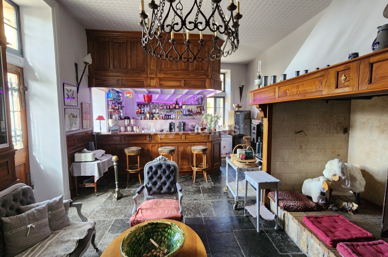 Intérieur du château avec bar en bois, lustre en fer forgé, mobilier d'époque et éclairage rose, salon de réception.