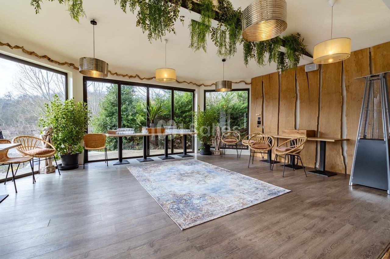 Salle lumineuse avec de grandes baies vitrées, plantes suspendues, mobilier en bois et tapis au centre.