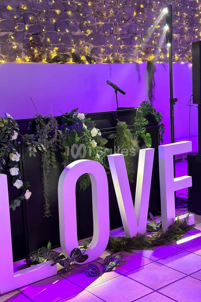 Lettres géantes formant le mot ’LOVE’ décorées de verdure, devant un mur illuminé de guirlandes lumineuses.