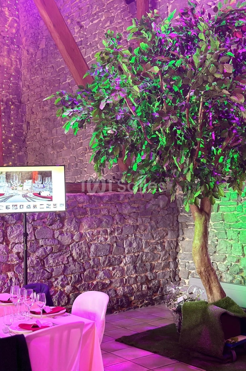 Un arbre artificiel décoratif éclairé, placé près d'un mur en pierre dans une salle aménagée pour un événement.