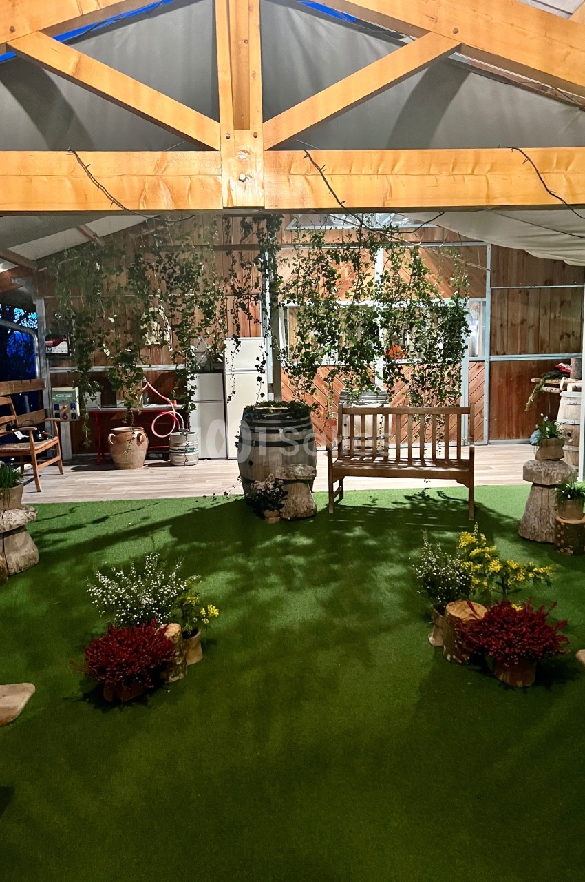 Espace intérieur décoré avec des plantes, tonneaux en bois, banc et sol en gazon artificiel sous une structure en bois.