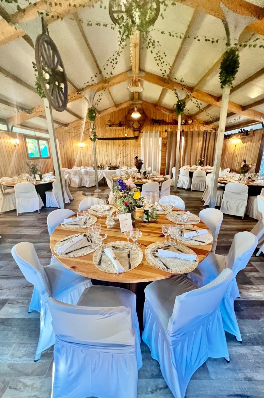 Salle de réception rustique décorée avec des tables rondes dressées, des chaises blanches et des éléments végétaux suspendus.