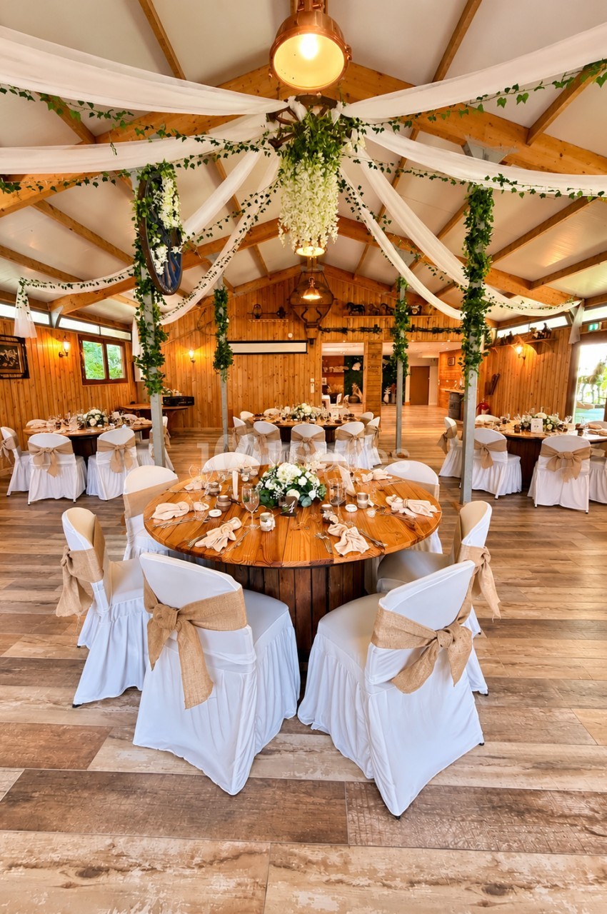 Salle en bois avec poutres apparentes dressée pour réception - tables rondes en bois, chaises blanches, tentures vertes et blanches au plafond.