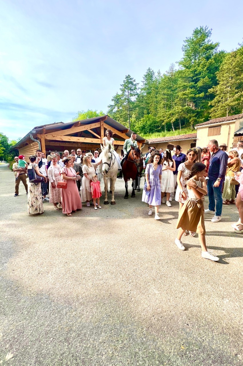 Un groupe de personnes rassemblées en plein air près de chevaux, devant un bâtiment en bois entouré de verdure.