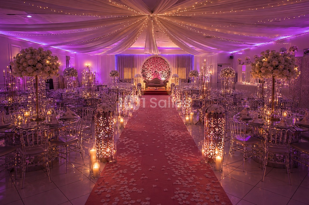 Salle de réception décorée avec des guirlandes lumineuses, des fleurs blanches et une allée centrale rouge parsemée de…