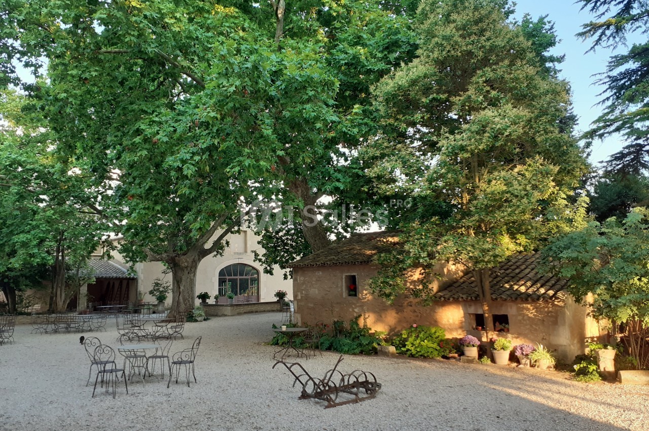 Cour extérieure avec gravier, mobilier de jardin en fer forgé, arbres imposants et bâtiments en pierre sous la lumière du…