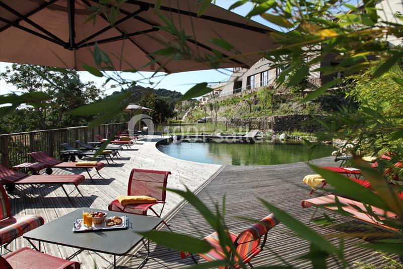 Terrasse en bois avec chaises longues et tables, surplombant une piscine naturelle entourée de végétation.