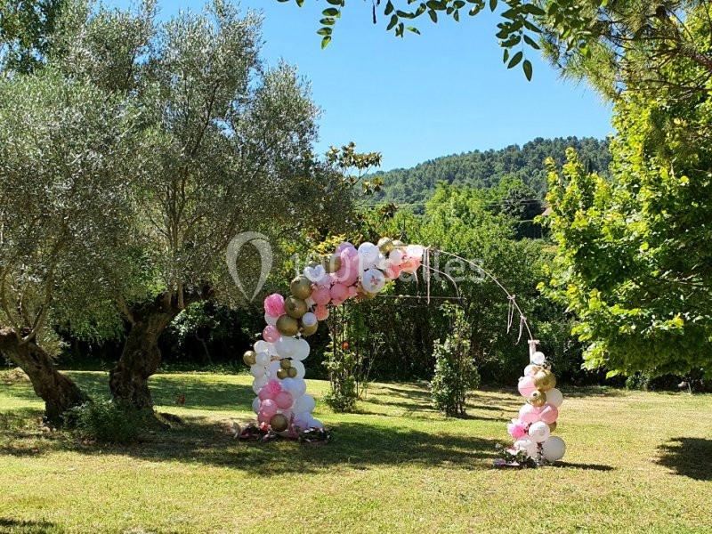 Arche décorative en ballons roses, blancs et dorés installée dans un jardin verdoyant sous un ciel dégagé.