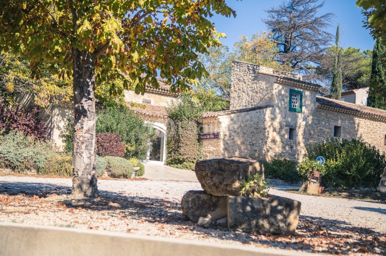 Cour d'une maison en pierre entourée d'arbres, avec des meules en pierre au premier plan et un ciel dégagé.