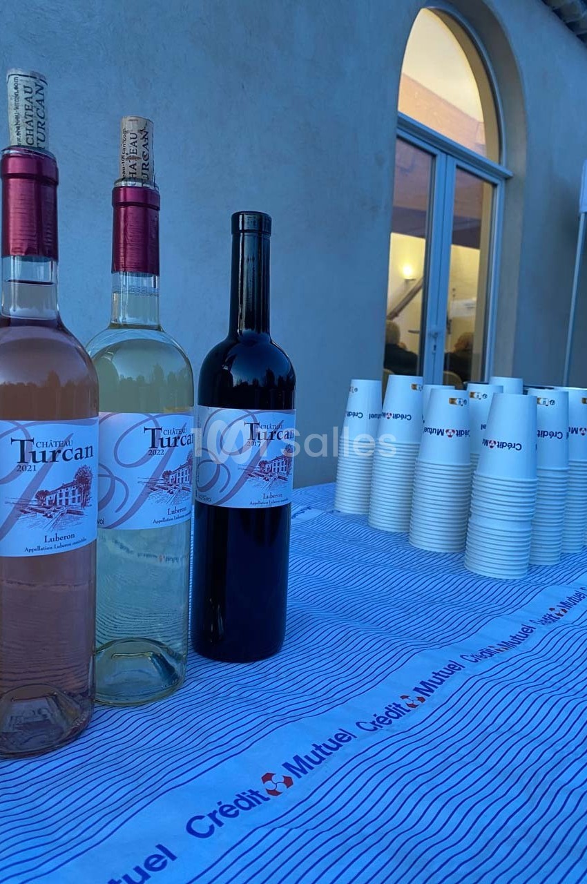 Trois bouteilles de vin et des gobelets en carton disposés sur une table recouverte d'une nappe rayée.