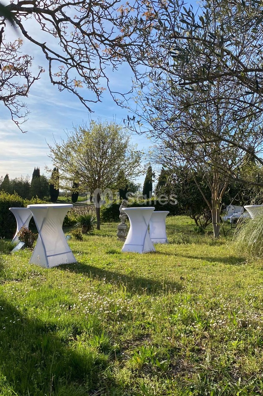 Tables hautes blanches disposées sur une pelouse verdoyante entourée d'arbres et de végétation sous un ciel dégagé.