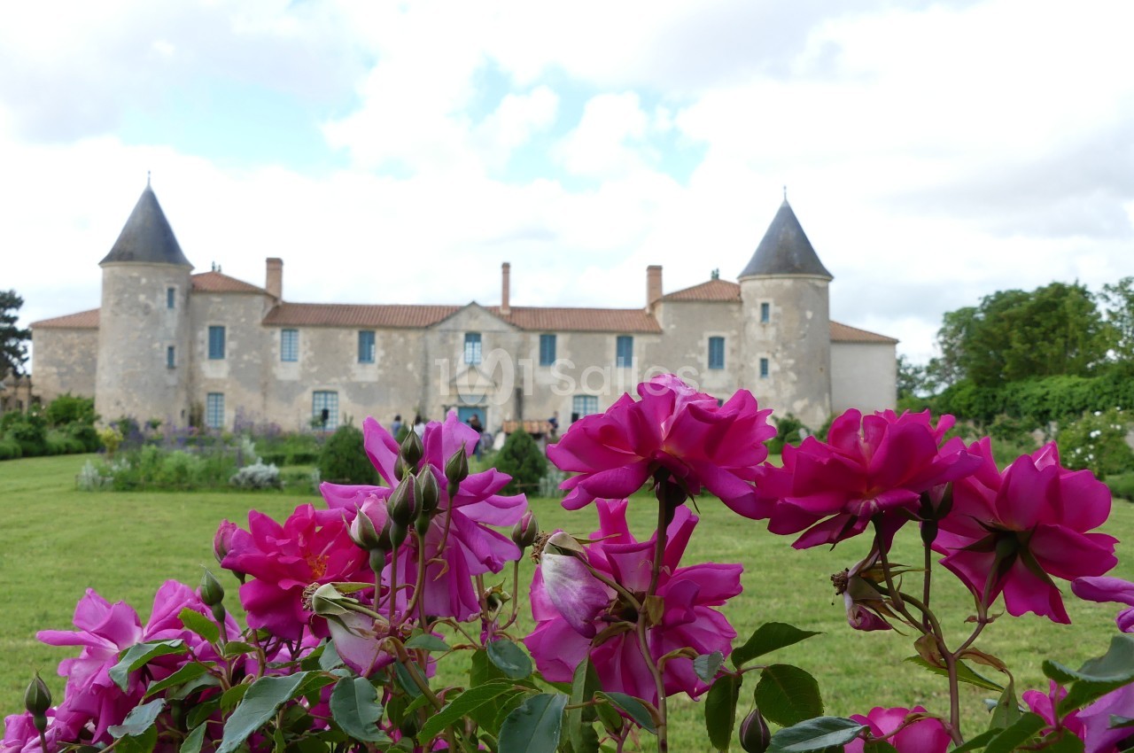 Château en pierre avec tours, entouré d'un jardin verdoyant, vu à travers des roses roses au premier plan.