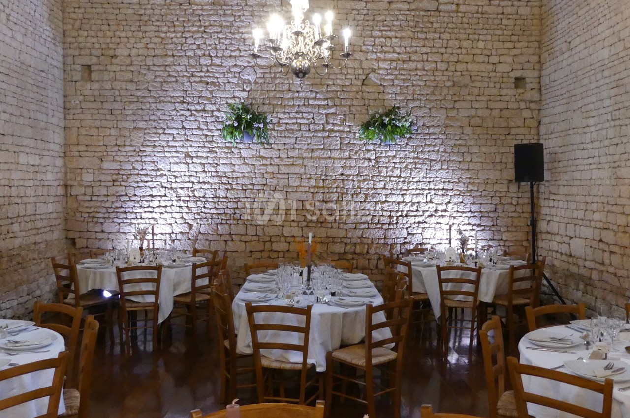 Salle en pierre avec tables rondes dressées, chaises en bois, chandelier central et décorations végétales murales.