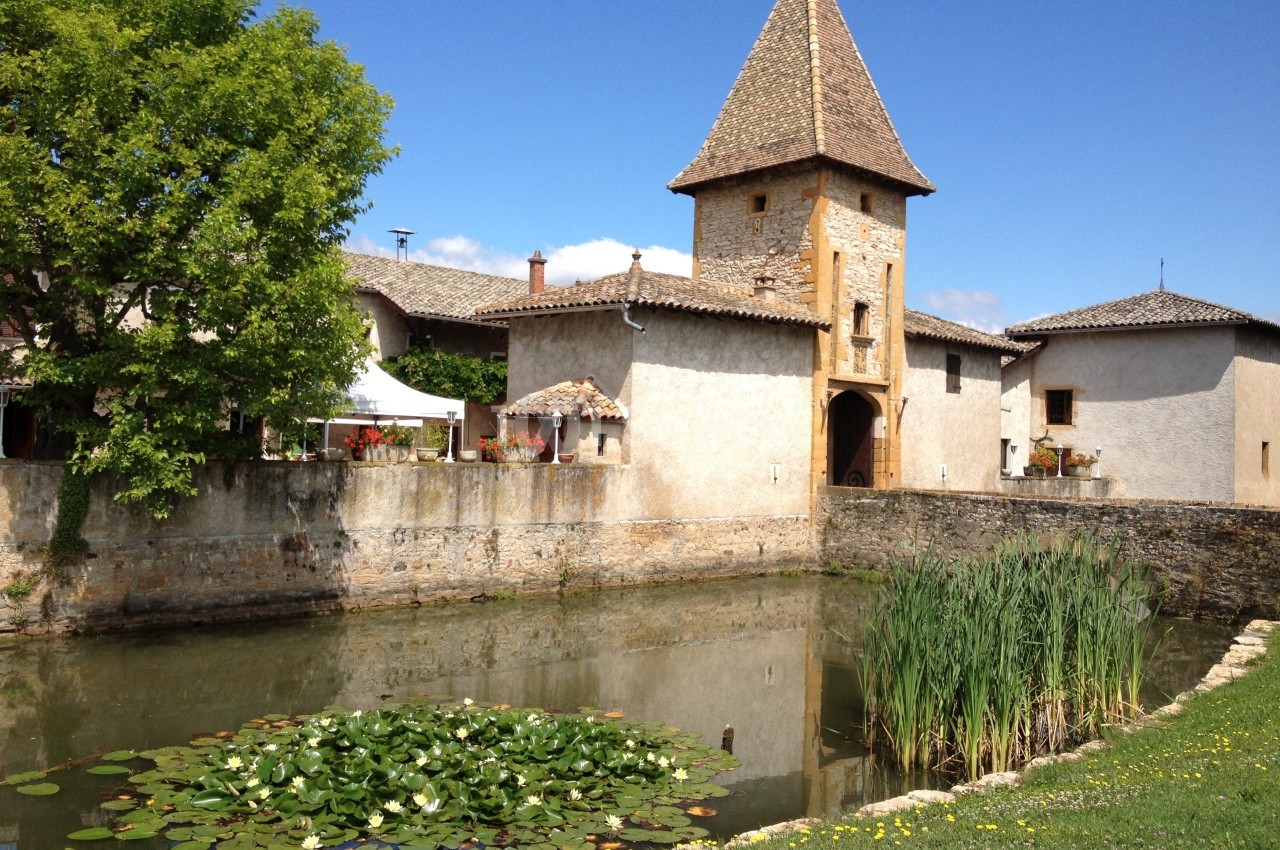 Bâtiment en pierre avec tour et toit en tuiles, bordé par un étang avec des nénuphars et des roseaux.