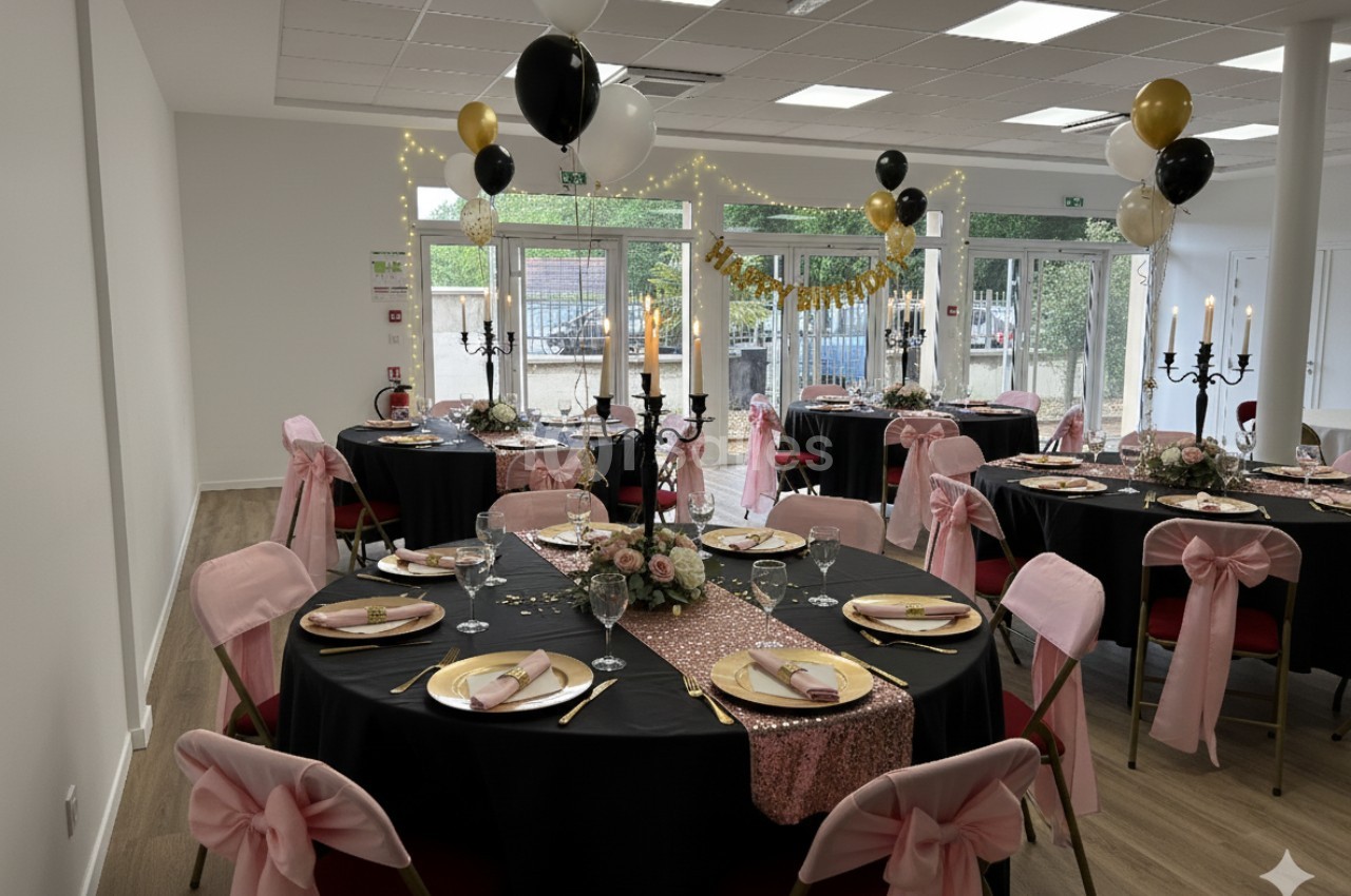 Salle décorée pour un événement avec tables rondes dressées, nappes noires, chaises ornées de nœuds roses et ballons…