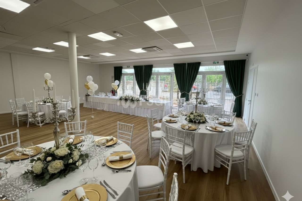 Salle de réception lumineuse avec tables rondes décorées de fleurs blanches et dorées, vue sur des baies vitrées.