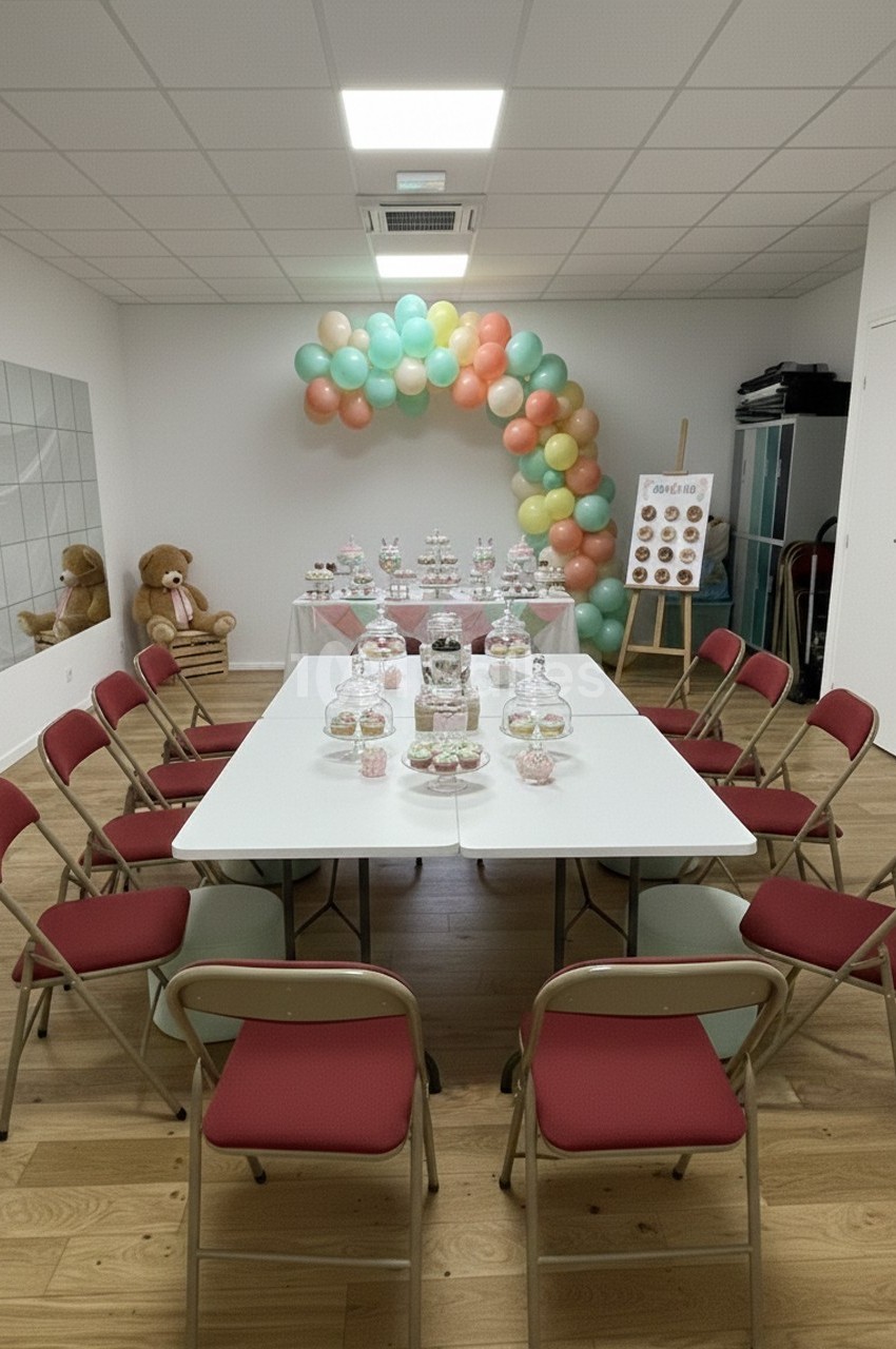 Salle décorée pour une fête, avec une table centrale entourée de chaises rouges et des ballons colorés en arrière-plan.